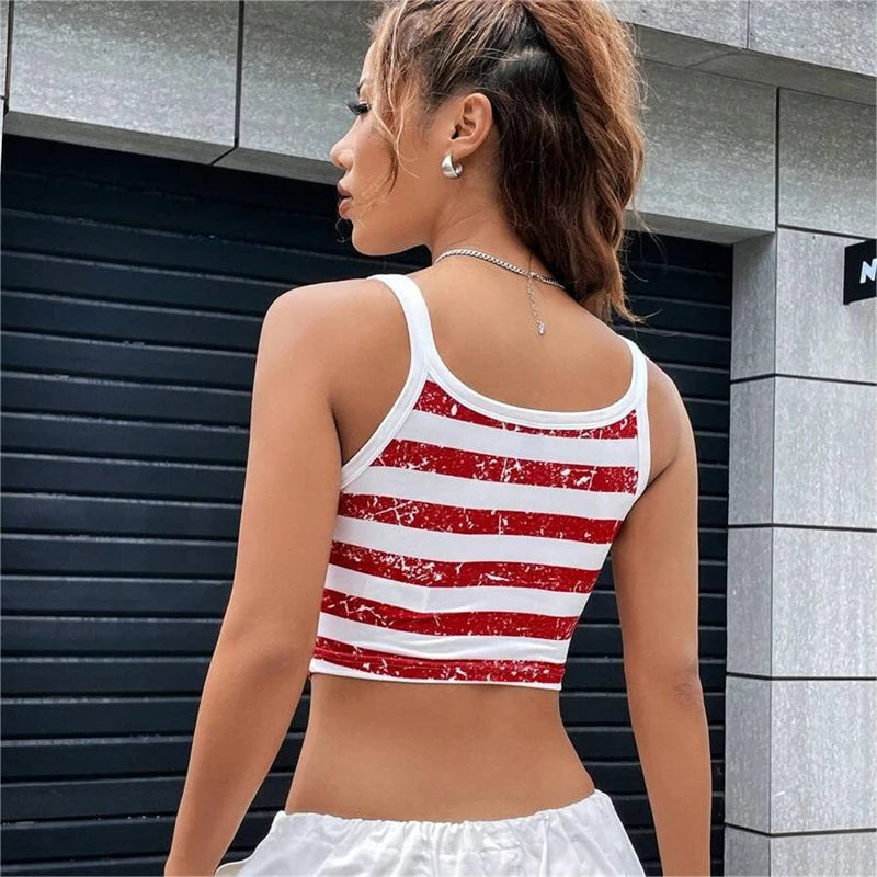New Arrivals USA Flag Crop Top Sexy Backless Tank Slim Women's Mini Vest Summer Y2k Clothes Short White Camisole E-Girls