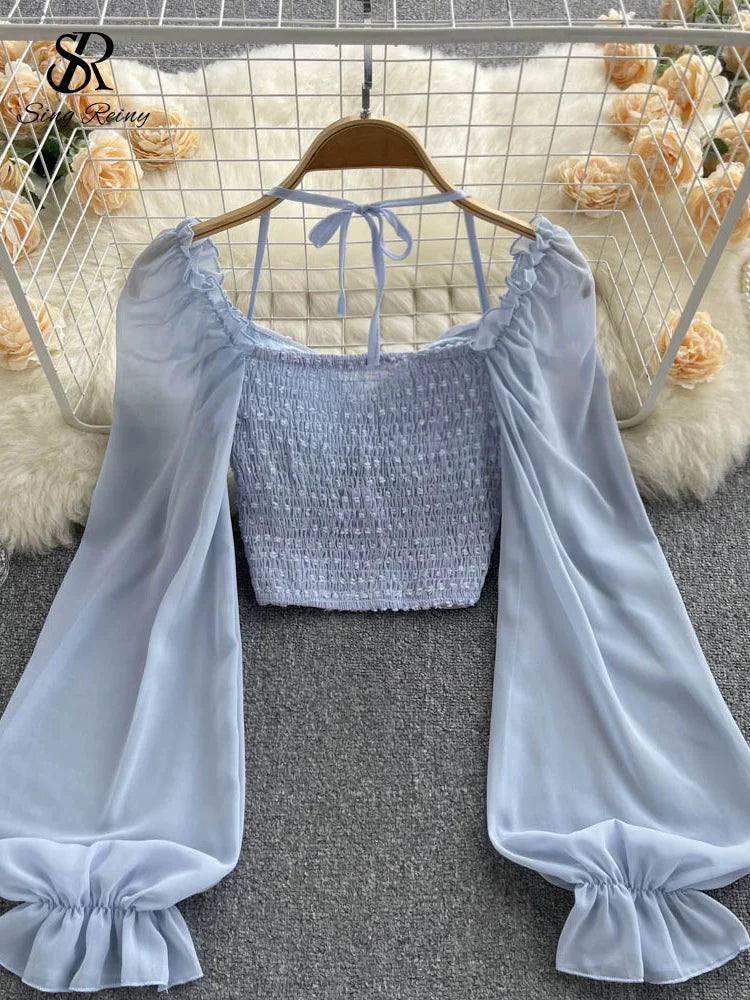 Polka Dot Folds Short Blouse Summer Slash Neck Long Sleeve Women Tie Halter Elastic Waist Fashion French Beach Top SINGREINY
