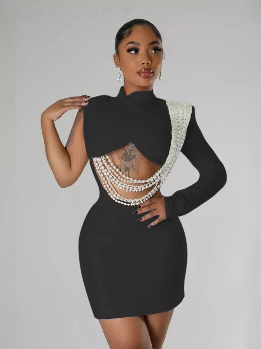 NEW Luxury Women Female White Full Sleeve Elegant O-neck Mini Dress Summer Evening Beach Party Pearl String Sexy Streetwear Night Club Party Dresses Girls Ladies Luxury Fashion Clothing Supplies