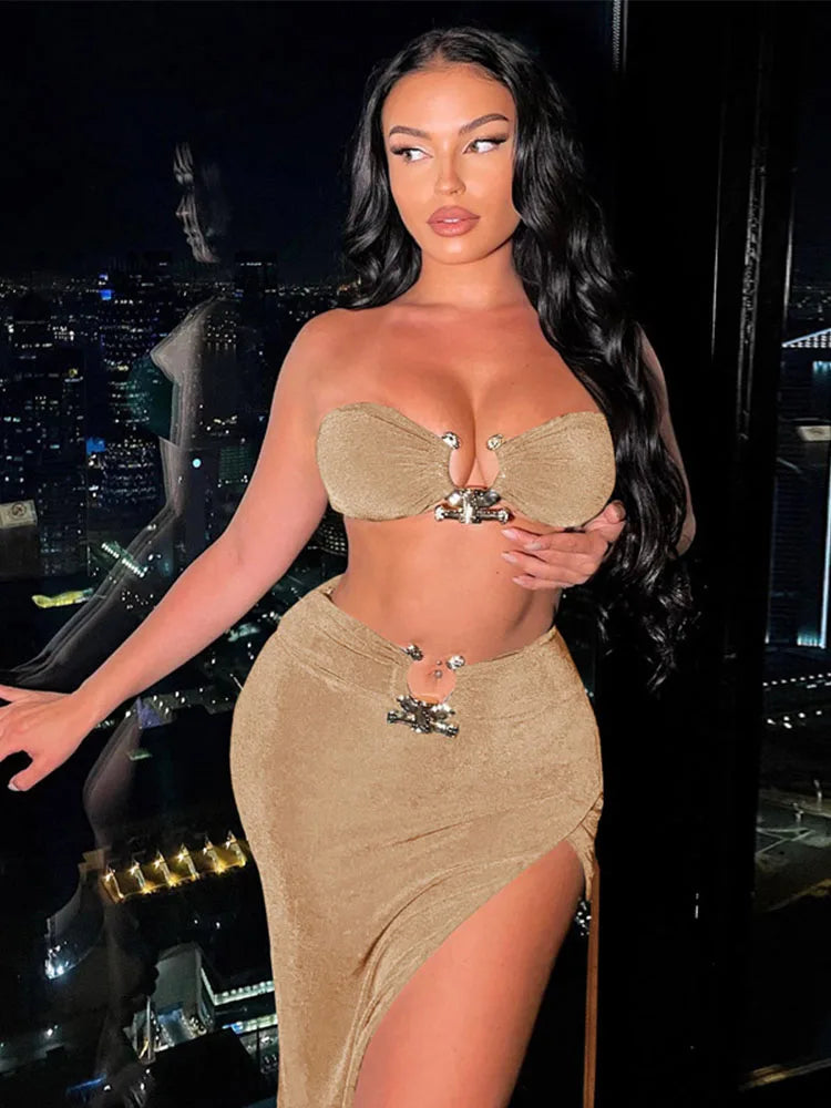 Low-Price Sales are Limited NEW 2PCS Set Velvet Sexy Strapless Crop Tube Top High Waist Slit Maxi Dress Fall Women Female Streetwear Evening Beach Party Night Club Outfit Sexy Dress Girls Ladies Luxury Fashion Clothing Suppli