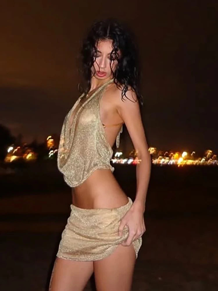 NEW Arrivals 2PCS Set UK Size Pink/Gold/Black Sexy Hot Mesh Patchwork Women Lace-Up Halter Low-Neck Bright Silk Crop Tops + Ruched Skirts Midnight Elegant Outfits
