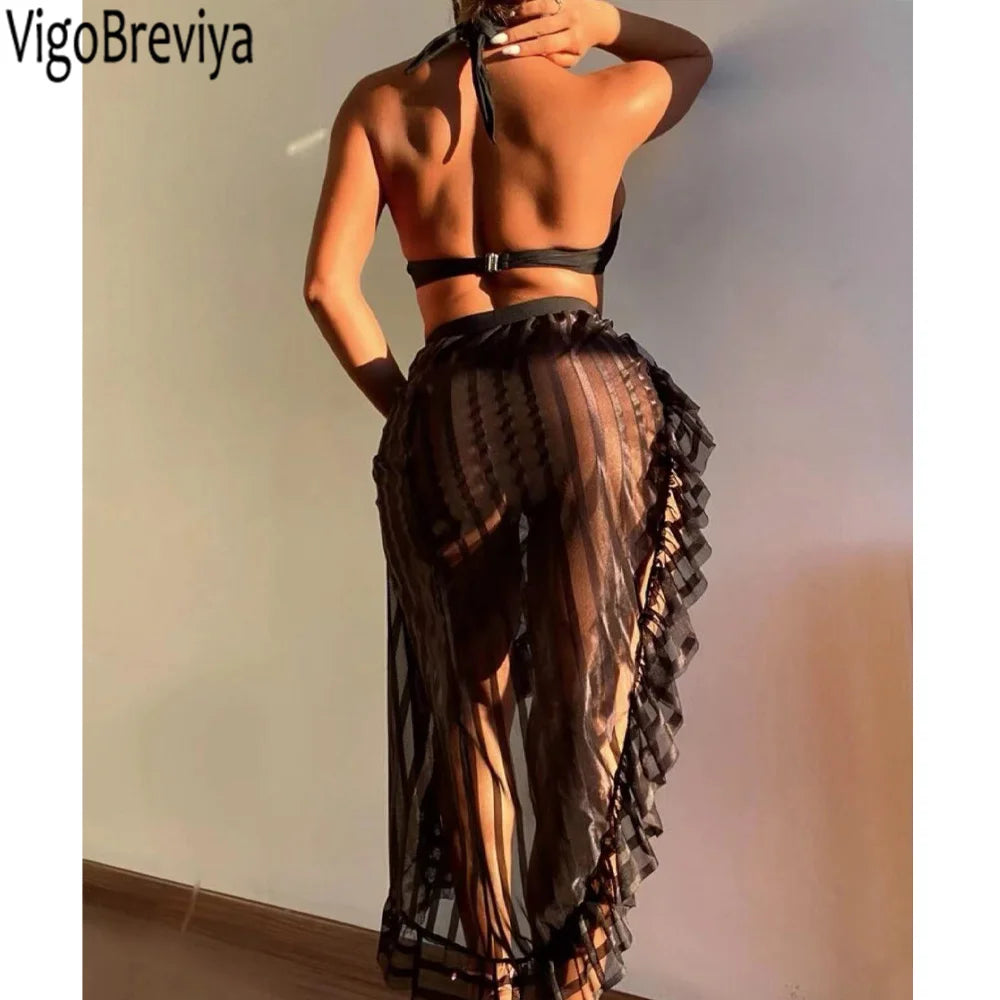 NEW!!!! Sexy Black Cross Halter 3PCS Mesh Skirt Bikini Set Swimwear Women Hollow Push Up Swimsuit Backless Bathing Suit