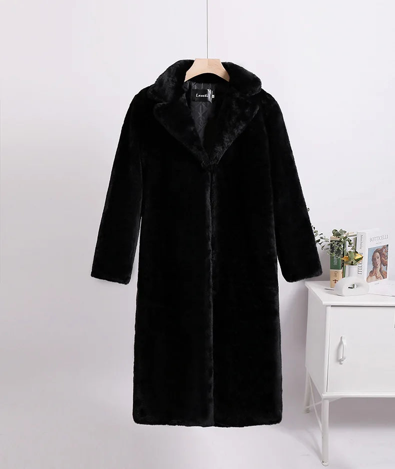 NEW Arrivals S(8)-XL(16-18) UK Size Winter Loose Luxury Mink Velvet Imitation Fur Splicing Long Coat Fur Suit Collar Women's Coat High Street Fashion Lady Overcoat