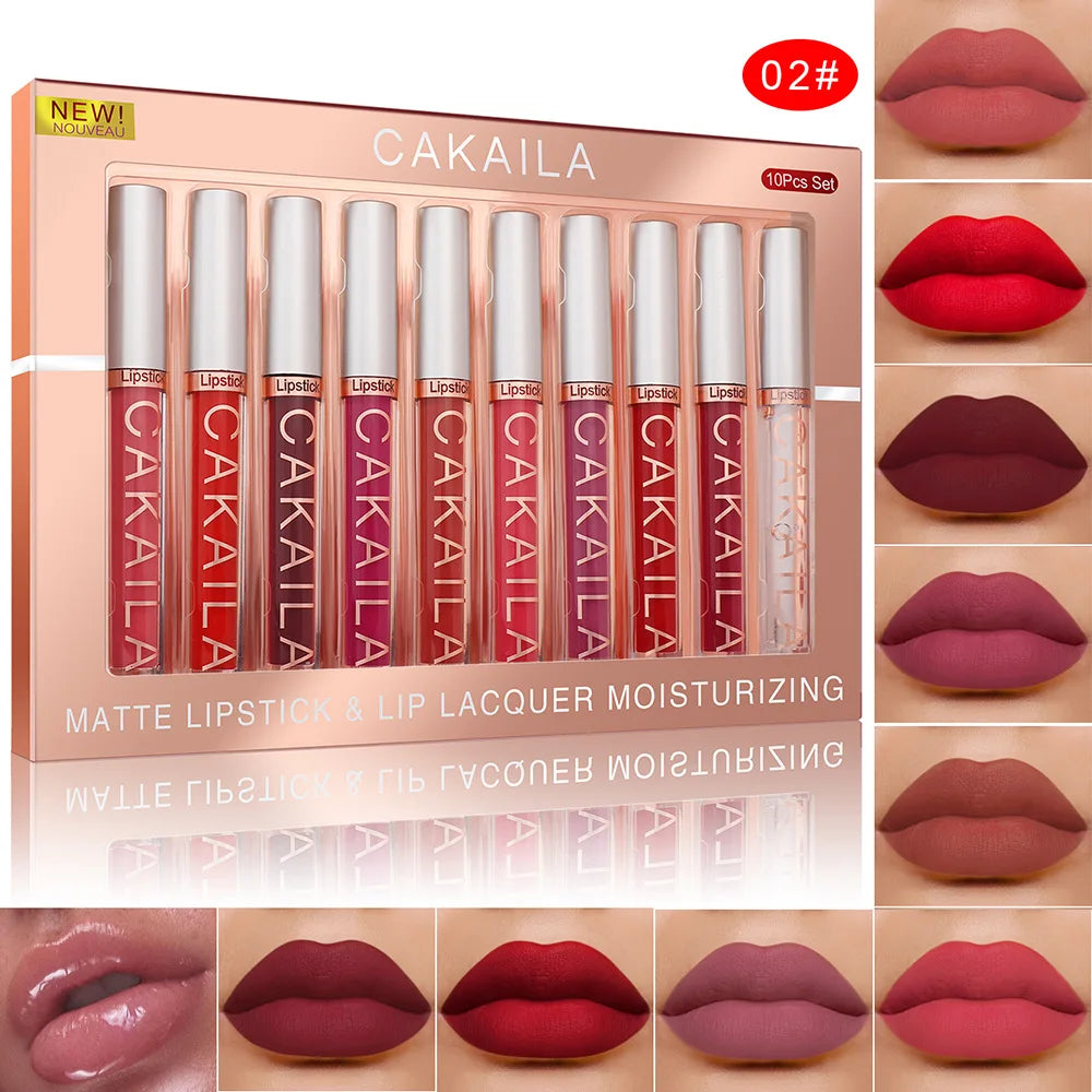 NEW Arrivals 10PCS/Set Nude Lip Gloss Matte Velvet Lipstick Waterproof Long-lasting Liquid Lipstick Women Moist Lip Tint Ladies Cosmetic Supplies