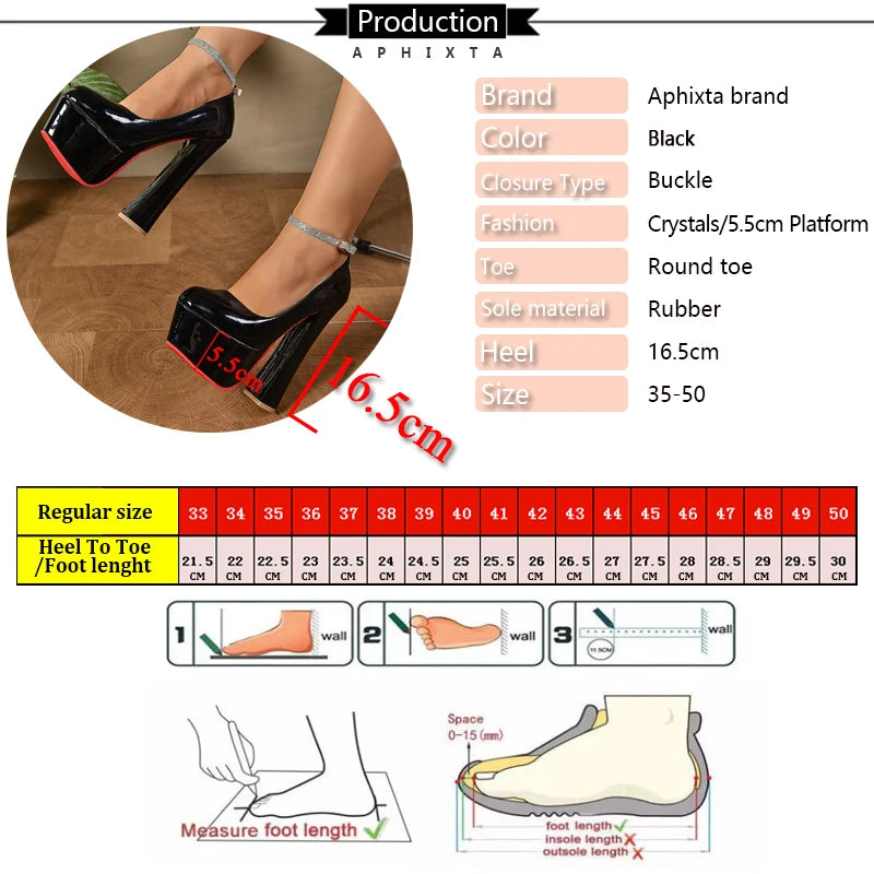 NEW Arrivals 5.5cm Platform Crystals Pimp Strap Buckle Hot Sale Evening Party Night Club Dance Pumps Women Super High Chunky Heels Super Big 50 Girls Ladies Luxury Apparel Accessories Shoes Supplies