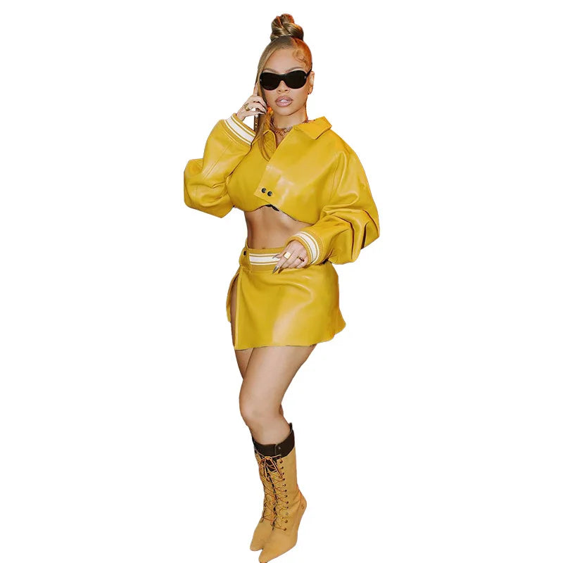 Autumn Women's New Fashion Casual Solid Color Faux Leather Short Top High Waist Wrap Hip Short Skirt Set