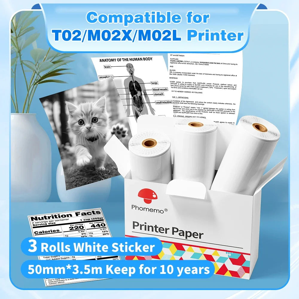 NEW Arrivals 3 Rolls Set PHOMEMO White Sticker Paper Thermal Label for T02 M02L Portable Mini Printer Keep for 10 Years Sticky Paper 50mm/53mm