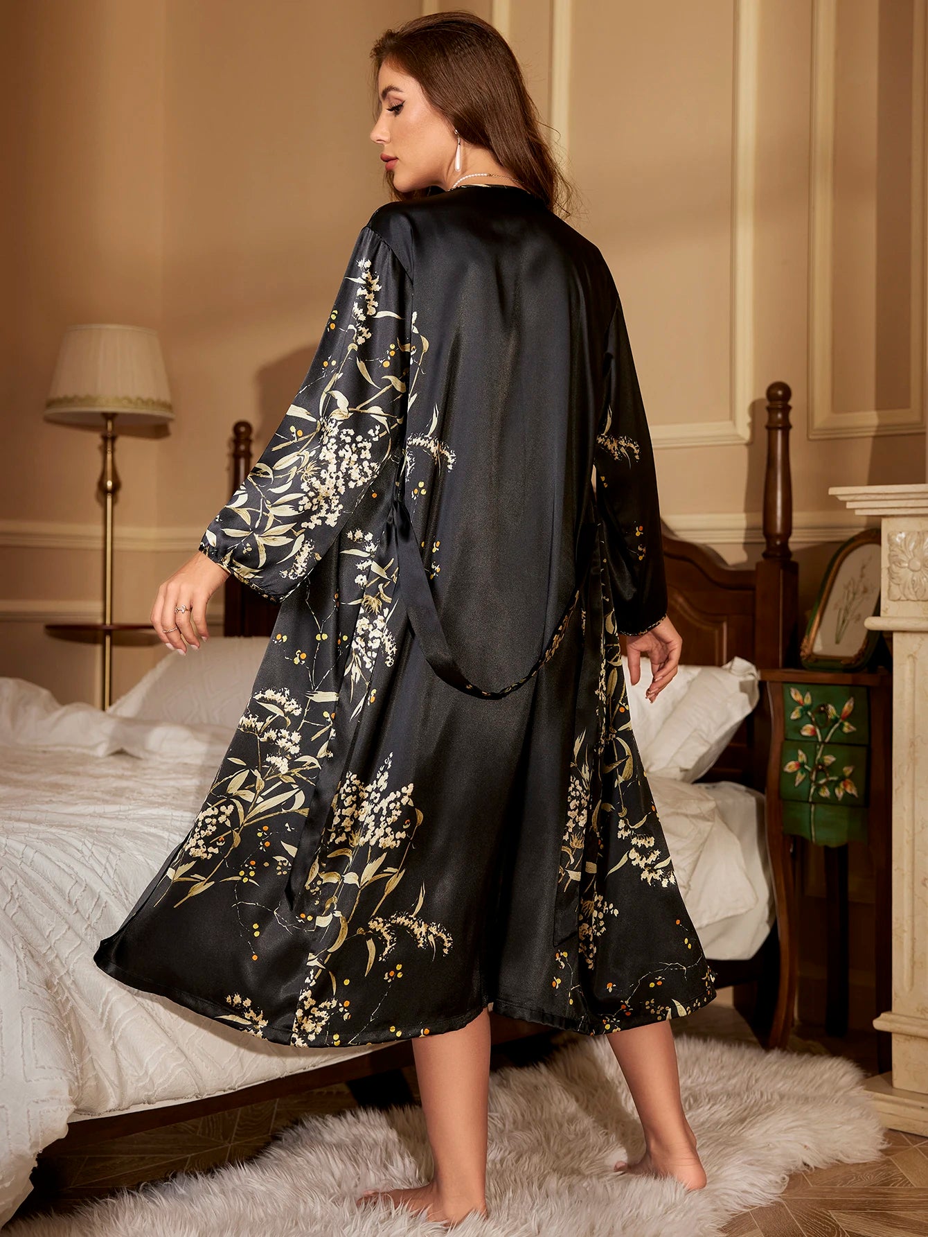 2pcs Little Cherry Print Sexy Night Robe Slip Dress Fashion Comfortable Pajamas Sets for Women