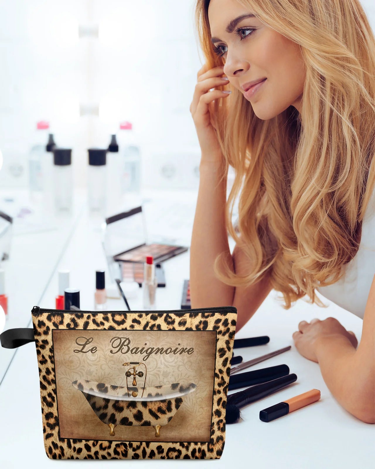 NEW Luxury Leopard Skin Texture Bathtub Large Capacity Travel Outdoor Evening Party Shopping Airport Cosmetic Make-Up Bags Accessories Supplies Portable Makeup Storage Pouch Women Waterproof Case