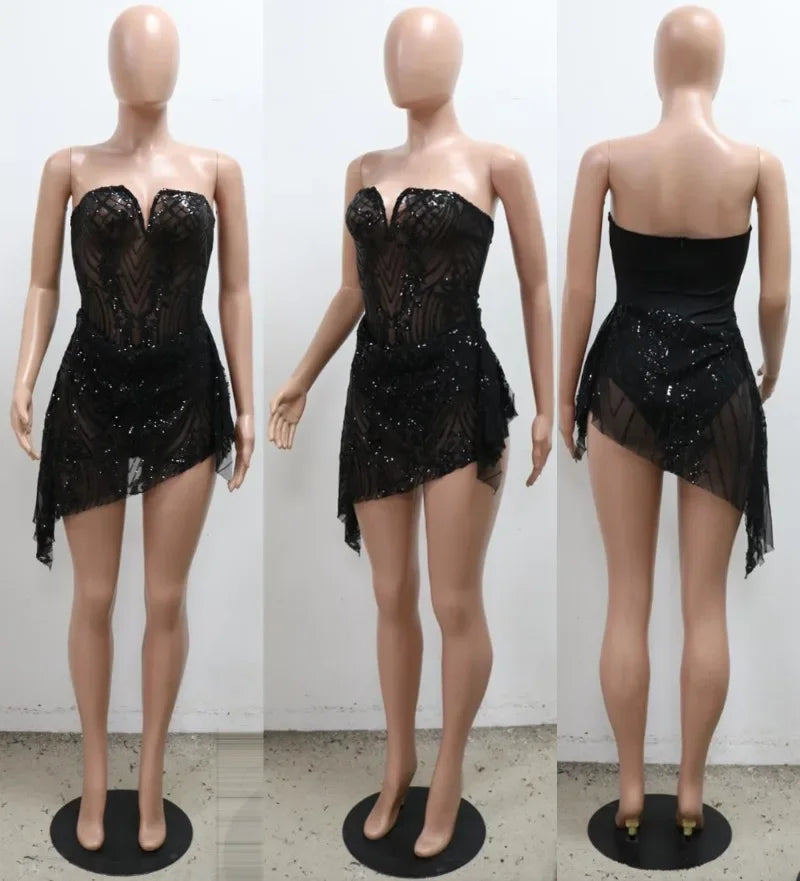 NEW Arrivals 3 Colors Sexy Mesh See Through Party Nightclub Birthday Women Dress Sequined Strapless V-neck Sleeveless Ruched Prom Mini Sexy Dresses