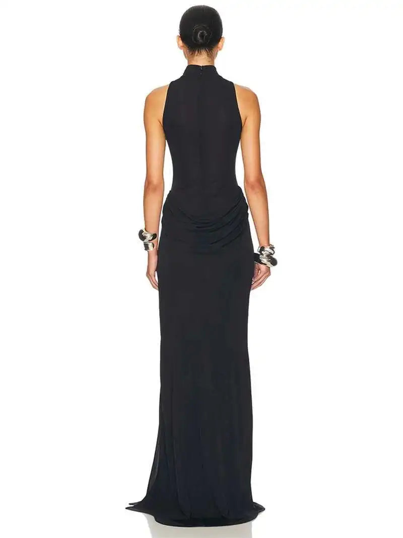 White Black Color UK Size Turtleneck Off-Shoulder Sleeveless Thigh Split High Waist Pleated Maxi Dress For Women Elegant Fashion Club Party Dress
