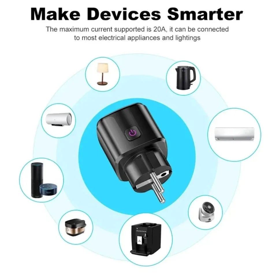 NEW Arrivals TUYA App Wi-Fi + Bluetooth 20A Socket Smart EU Plug With Power Monitoring Timer Child Lock Outlet Google Home Alice Smart Devices Alexa Google Support Home Smart Life Supplies