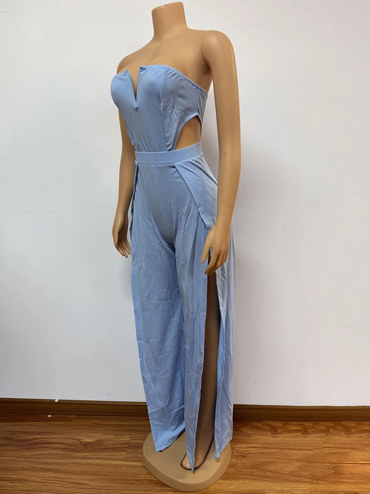 NEW Woman Summer Strapless Blue Jumpsuit with Trousers Solid Color Sexy Backless Jumpsuit Cut Out Waist Ladies Jumpsuit Side Slit
