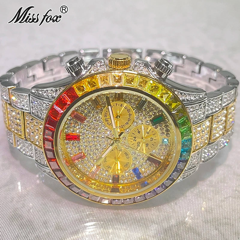 NEW Luxury Brand Gold Hip Hop Watches Men Fashion Rainbow Diamond Waterproof Smart Watch Full Steel Sports Clocks Male Wrist Watches Luxury Gifts for Husband Boyfriend