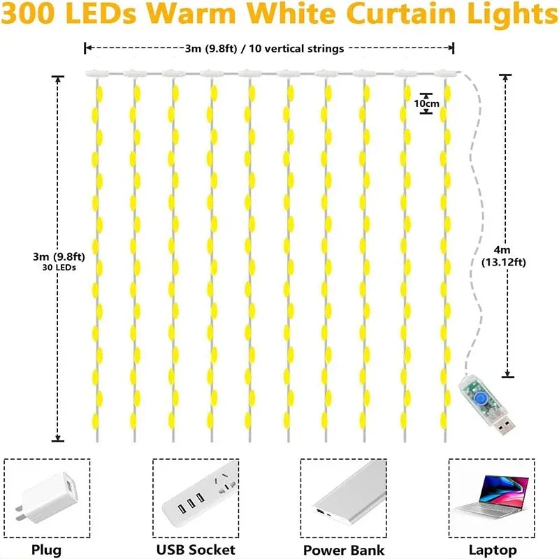 3M LED Curtain String Lights Fairy Decoration USB Holiday Garland Lamp 8 Mode For Home Garden Christmas Party New Year Eve Supplies Lighting Accessories