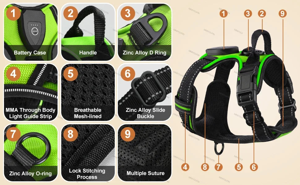 NEW Arrivals LED Light Up Dog Harness No Pull Adjustable Rechargeable Pet Luminous Vest Harness Small Medium Large Dogs Outdoor Night Walking Running Pet Supplies