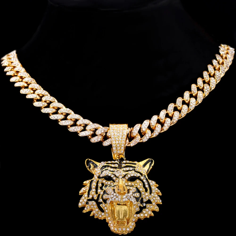 Luxury Rhinestones Gold/Silvery Color Hip Hop Tiger Head Pendant Necklace for Men Women, Iced Out Rhinestone Cuban Link Chain, Animal Bling Jewelry Gifts