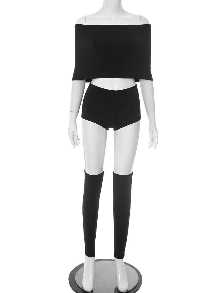 NEW 3PCS Set Black/Dark Brown Color Hipster Women Slash Neck Mid Sleeve Crop Tops +Shorts +Foot Cover Simple Summer Trend Matching Streetwear Suit