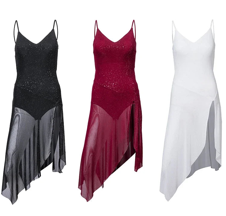 NEW Arrivals White/Black Sexy Latin Dance Dress Women Summer Black Suspender Sequin Dress Adult Rumba Tango Dance Performance Clothes Practice Ballroom Competition Dancing Dresses