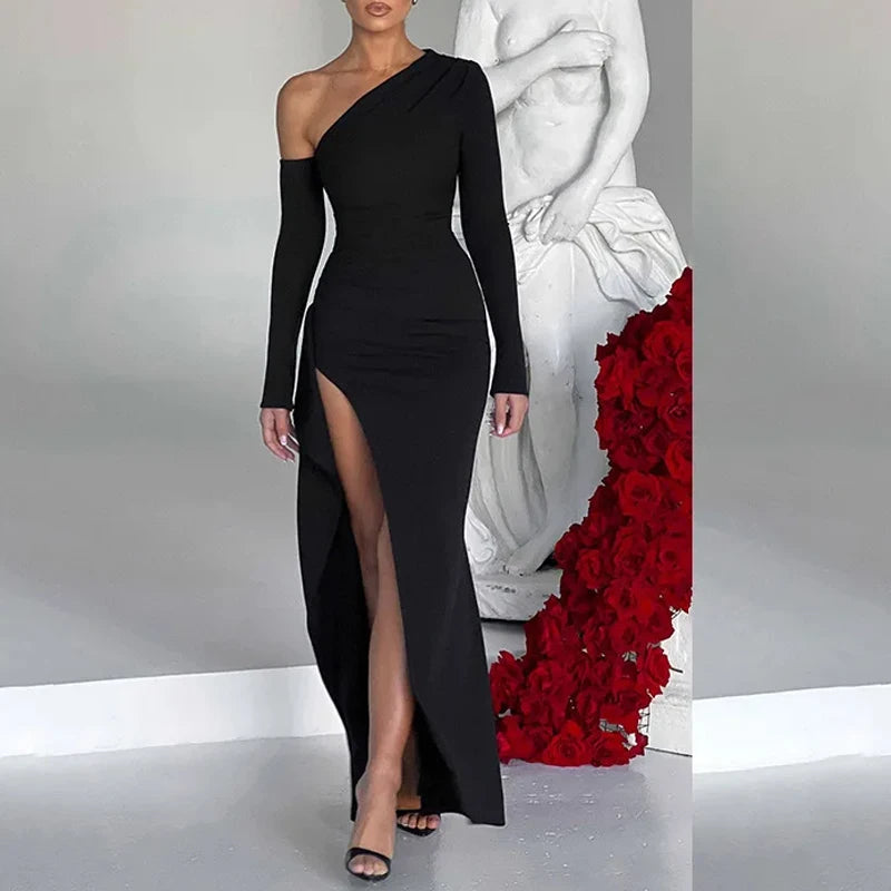 Italian Style Sexy Diagonal Shoulder Black Dress Elegant Long Sleeve Split Women Dress Spring Evening Party Night Clubwear Business Dinner Outfits Long Dress Girls Ladies Luxury Fashion Clothing Supplies