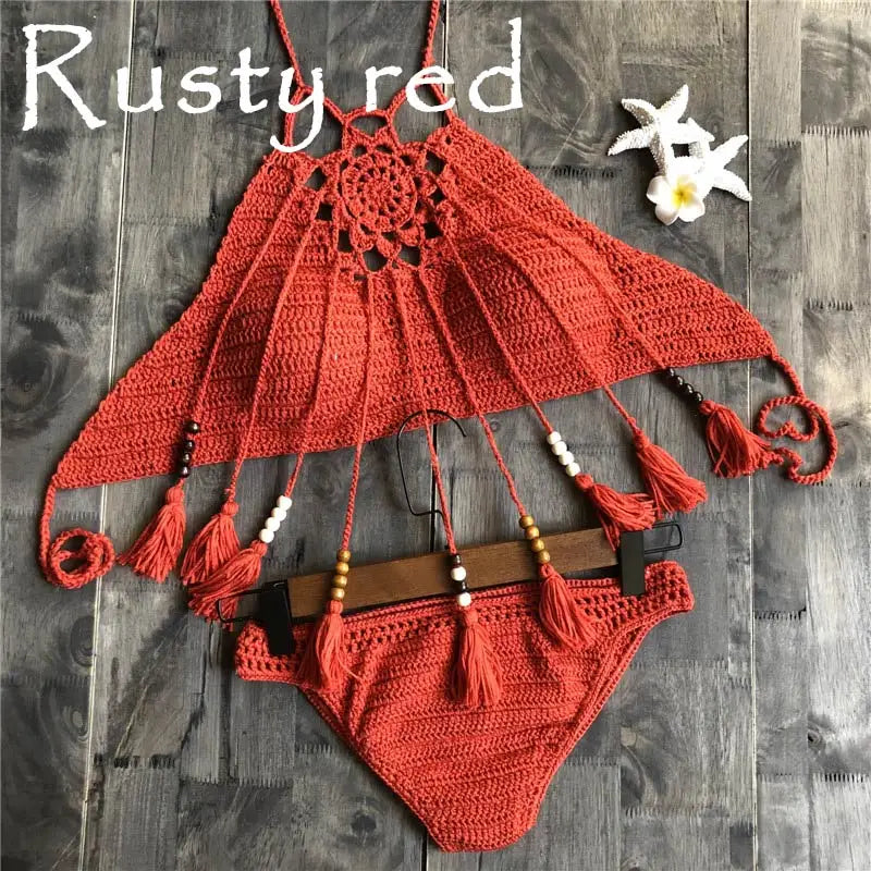NEW Arrivals 7 Colors Handmade Women Knitted Swimwear Sexy Bikini 2PCS Set Swimsuit Female Push Up Brazilian Biquini Bathing Suit Thong Bather Bikini Set Girls Ladies Beachwear
