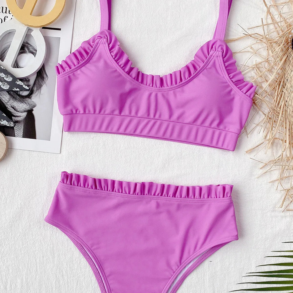 Bikini Sexy Swimwear Swimsuit Women Solid Ruffle High Waist Bikinis Set Bathing Suit Bikini Taille Haute Biquinis Feminino