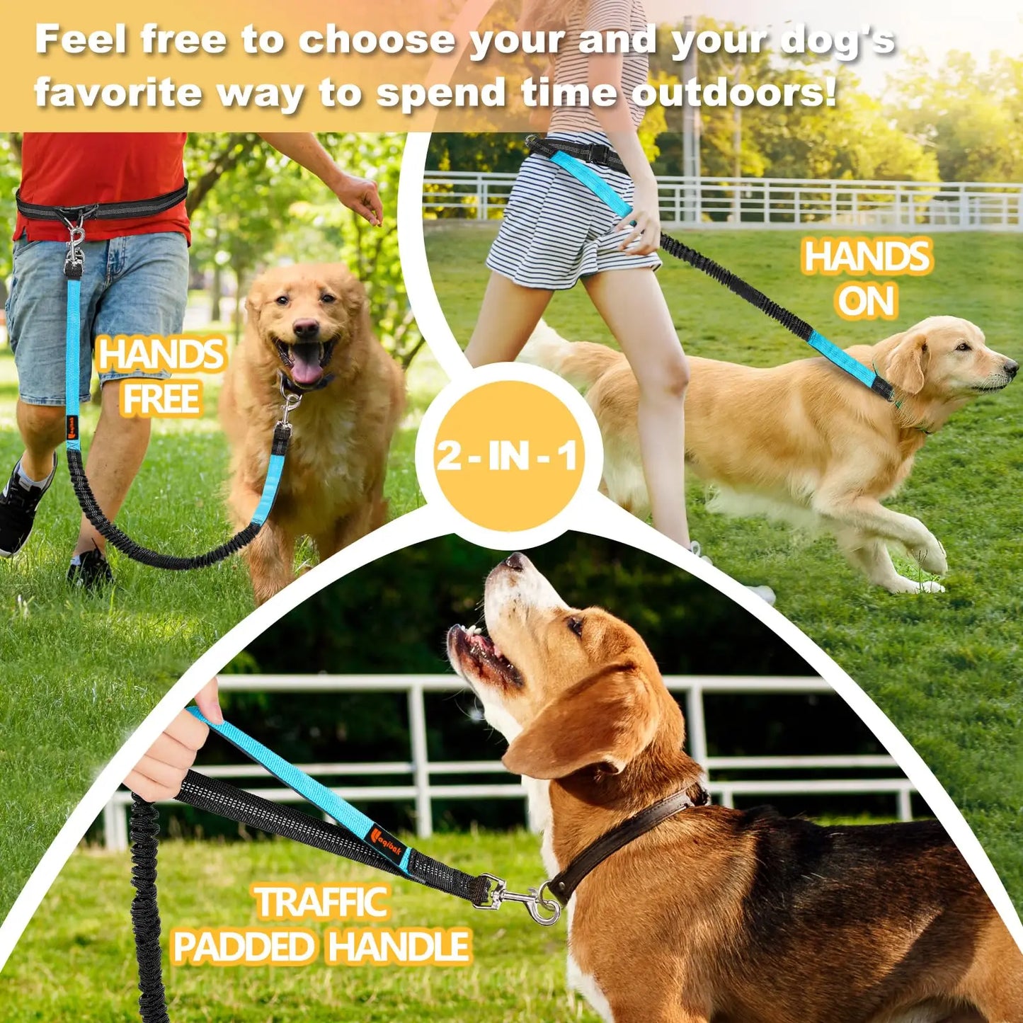 NEW Arrivals 2 in 1 Set Hands Free Dog Leash, Adjustable Waist Leash for Dog Handle Bungee with Reflective Stitches Outdoor Walking Hiking Running Leash Pets Accessories