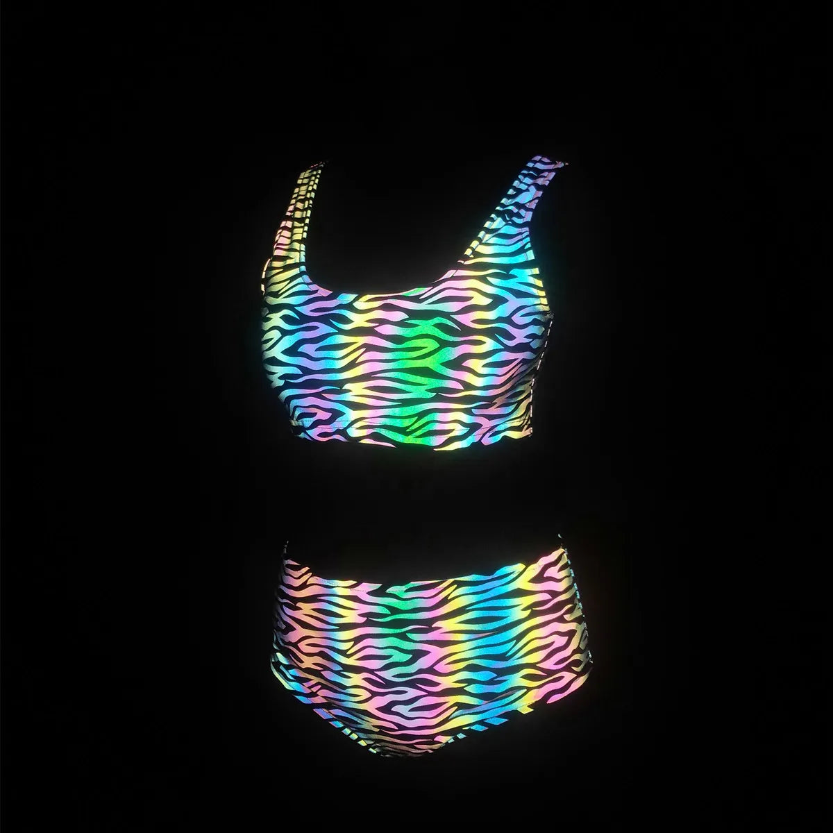 NEW Arrivals PCS Set S-2XL Harajuku Japanese Colorful Reflective Bikinis Women Summer Tech Wear Reflect Light Shorts & Bra Harajuku Swimwear Sexy Tankini Beach Outfits Clothing