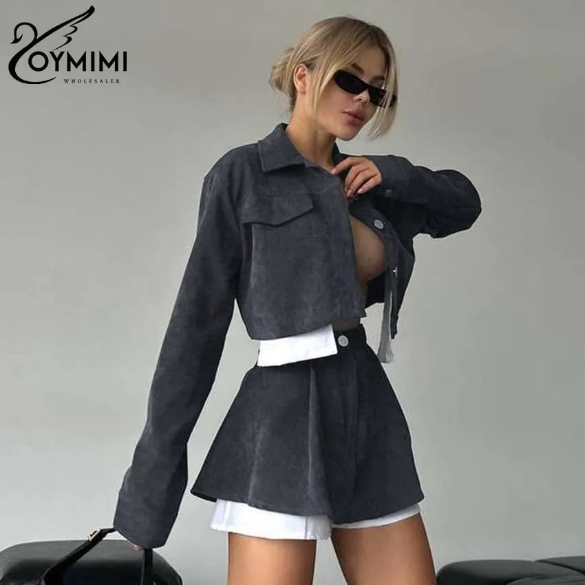 BRAND NEW 2PCS Set Blue/Gray/Black Color Patchwork Women Spring Outfit Elegant Long Sleeve Button Crop Tops And High Waisted Mini Skirts Sets