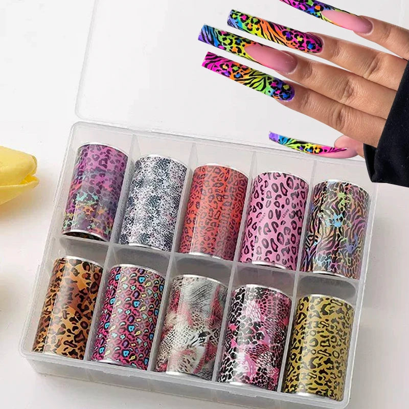 10 Rolls Leopard Print Transfer Paper Nail Art Foil Animal Pattern Transfer Decals Wraps Tips Stickers Manicure Decorations
