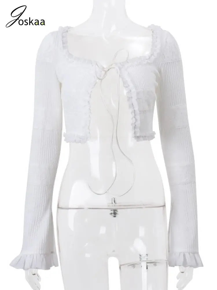 Knit Splice White 2 Piece Sets Women Outfit Sexy Long Sleeve Tops and Mini Tiered Skirts Suits Summer Nightclub Wear