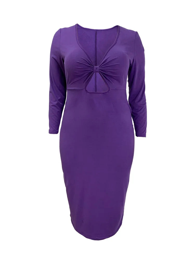 NEW Arrivals XL(18)-5XL(26-28) UK Plus Size Sexy Spring Summer Purple Dress Chubby Women Bodycon Stretch V-Neck Hollow Out Elegant Long Sleeve Summer Evening Party Maxi Dress