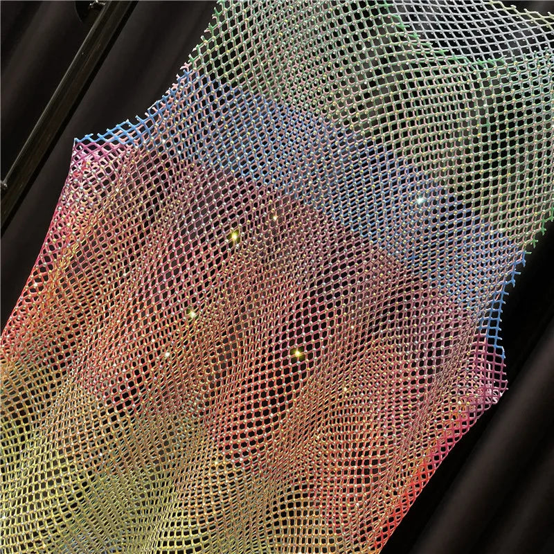Women&Men Neon Crystal Colorful Rhinestones Shiny Sexy Y2K RainbowTank Tops Party Club Sexy See Mesh Hollow Out 65cm long