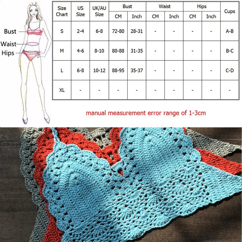 NEW Arrivals 10 Colors Handmade Sexy Women Large Size Swimwear Knitted Halter Bikini Top Bra Sexy Beach Swimsuit Hollow Bathing Suit Bikini Set Push Up Swim Thongs