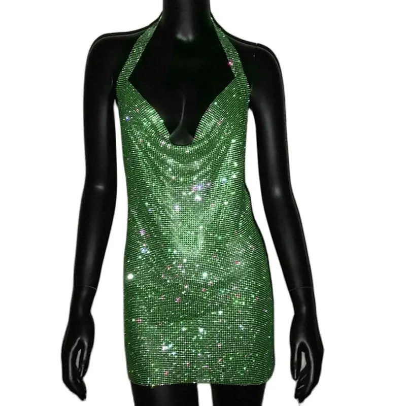 NEW Arrivals 7 Colors Luxury Crystal Rhinestone Sequins Mini Dress NEW Women Halter Backless Slit Metal Mesh Cocktail Evening Party Summer Beach Bar Night Clubwear Dresses