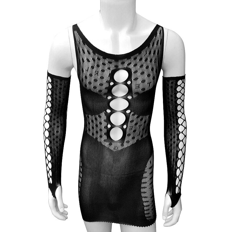 Sheath Sissy Mesh Babydoll See Though Hollow Out Nightwear Sexy Lingerie Erotic Costumes Men Lingerie Set with Sleeve-Coverings