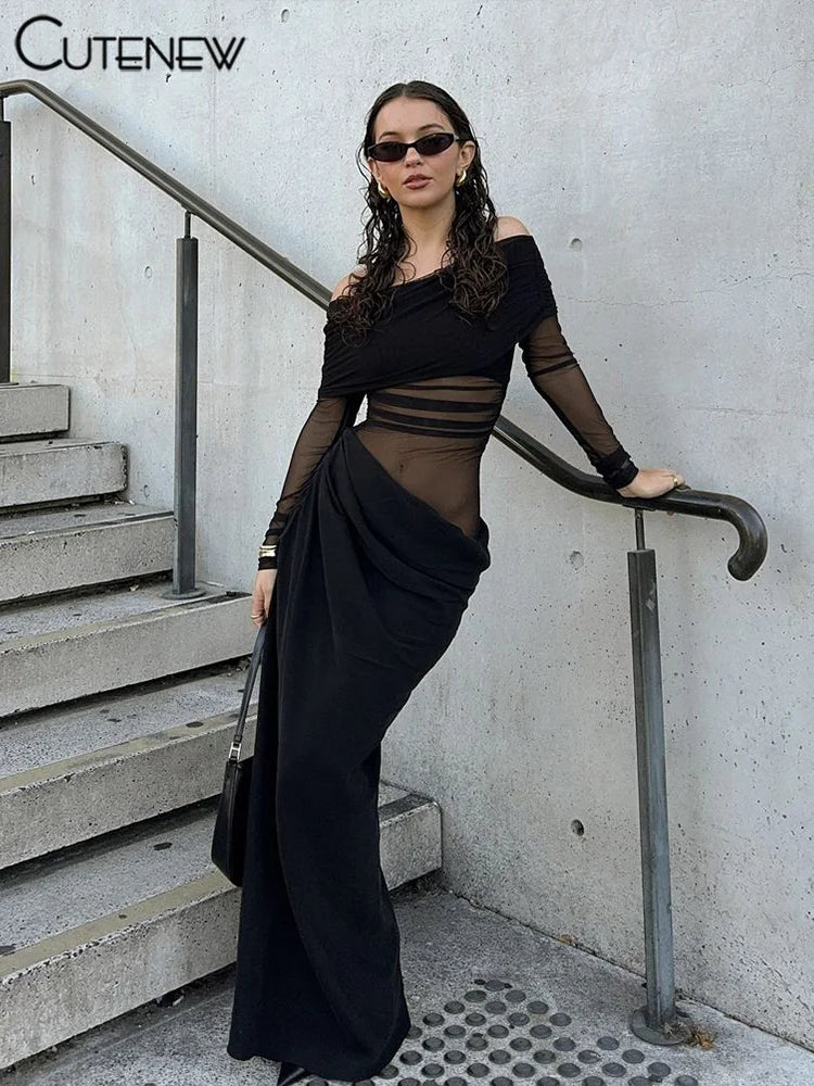 NEW Arrivals Mesh Ruched Women Maxi Dress Sexy See Through Off Shoulder Long Sleeve Sheath Midnight Clubwear Party Solid Evening Wedding Birthday Party Girls Ladies Luxury Fashion Clothing Supplies