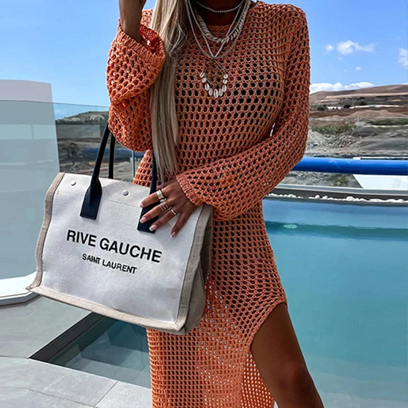 NEW 5 Colors Beach Rave Party Sexy Perspective Handmade Knit Round Collar Long-Sleeve Lacing Solid Bikini Swimsuit Cover Up Long Split Dress See Through Bikini Swimwear Sexy Cover Up Dress