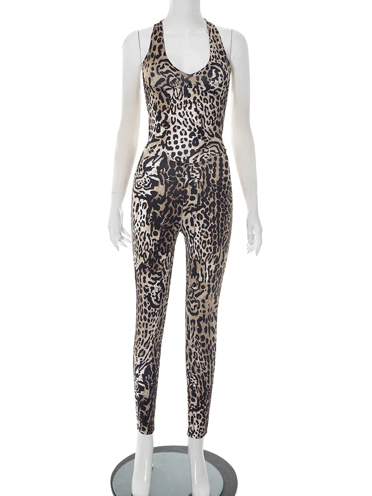 NEW Arrivals Leopard Sexy Jumpsuit Women Coquette Summer Trend Midnight Club Activity Sleeveless Fitness Stretch Workout Overalls