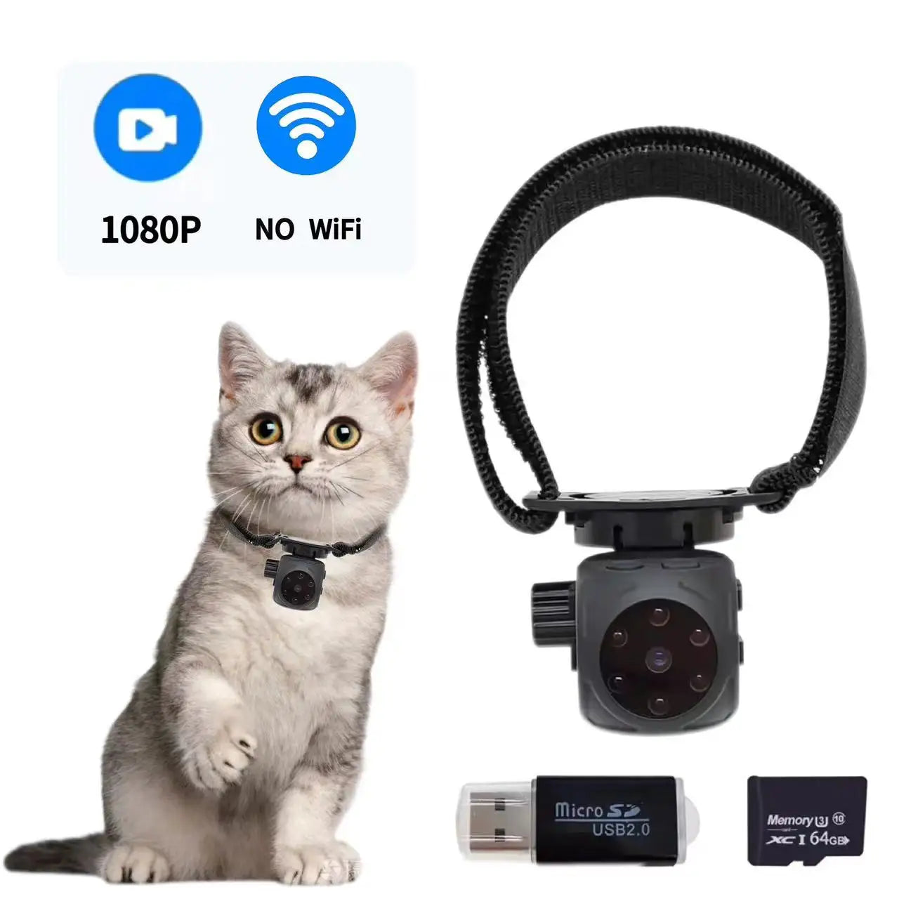 NEW Arrivals Pet Collar Camera Cat Collar Camera with 64GB SD Card Dog Tracker Collar with 1080P Video & Infrared Night Vision Functionality Pets Supplies