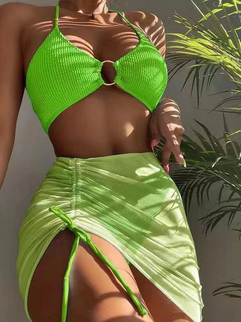 BRAND NEW 3 PCS Set 14 Colors Mesh Skirt Swimsuit Women Halter Micro Ribbed Bikini High Waist Swimwear Sexy Solid Beachwear Bathing Suit