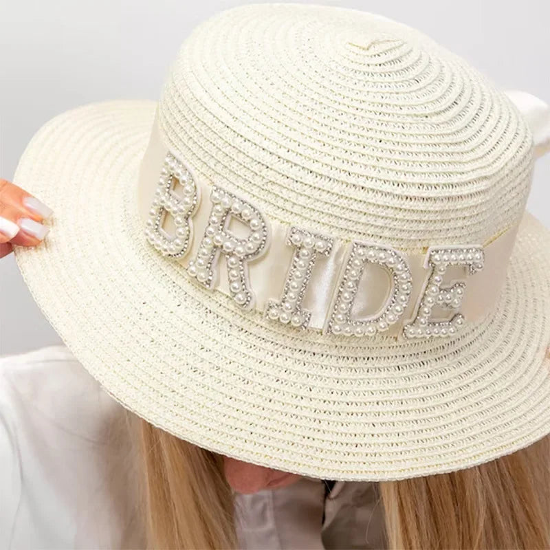 NEW Arrivals Summer Beach Wedding Decorative Bride Flat Top Straw Hat Pool Single Party New Bride Gift Bridal Shower Unisex Capacious Sunshade Hat