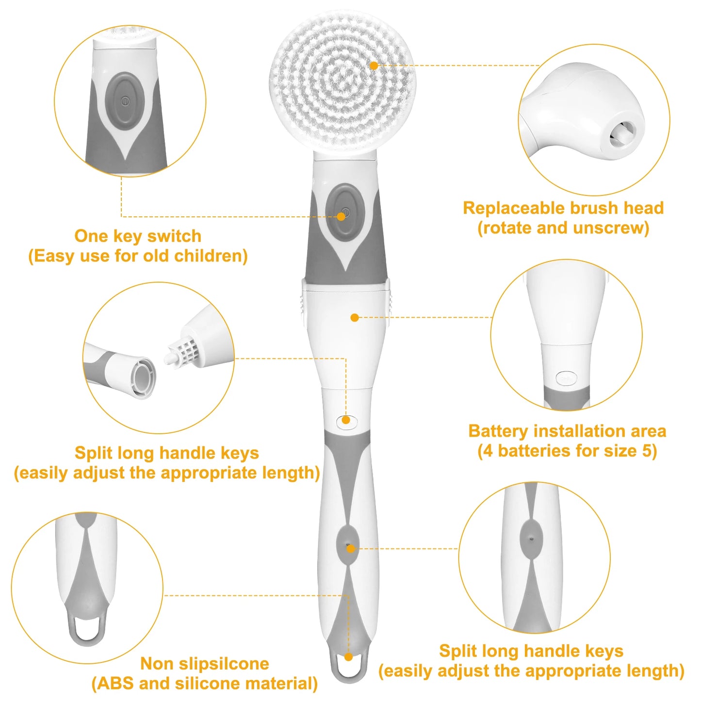 4 In 1 Electric Body Brush Long Handle Exfoliating Scrubber IPX6 Waterproof Massaging Cleaning Brush with 4 Replacement Heads