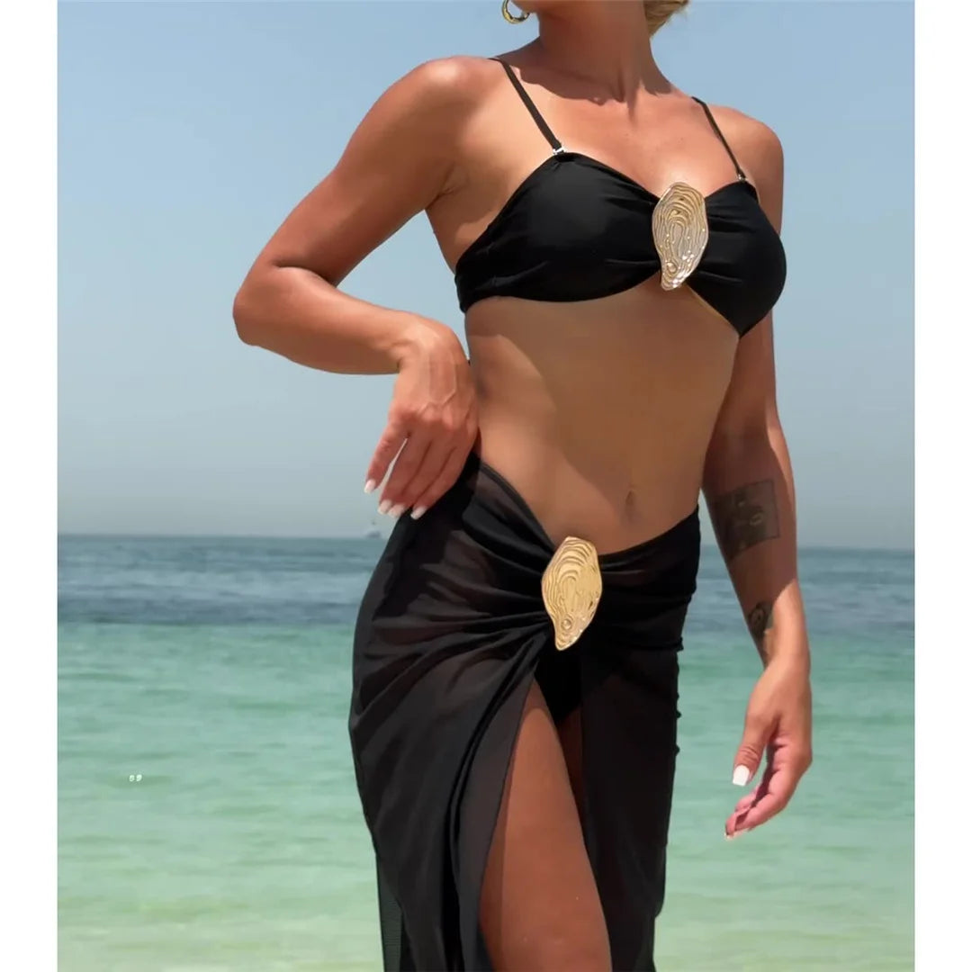 NEW Arrivals 3PCS Set White/Black Color With Skirt Metal Ring Brazilian Bikini Female Swimsuit Women Swimwear Bikini Suit Bather Bathing Suit Swim V6990 Ladies Sexy Beachwear Suit