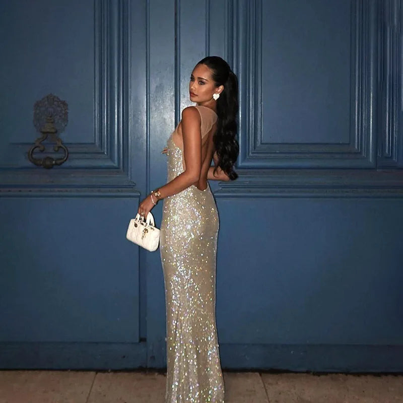 NEW Arrivals UK Size Ladies Spring Autumn Summer Luxury Bling Glitter Sequins Apricot See Through New Fashion Evening Party Dress Women Sleeveless Backless Maxi Dresses Clubwear Fall Outfits