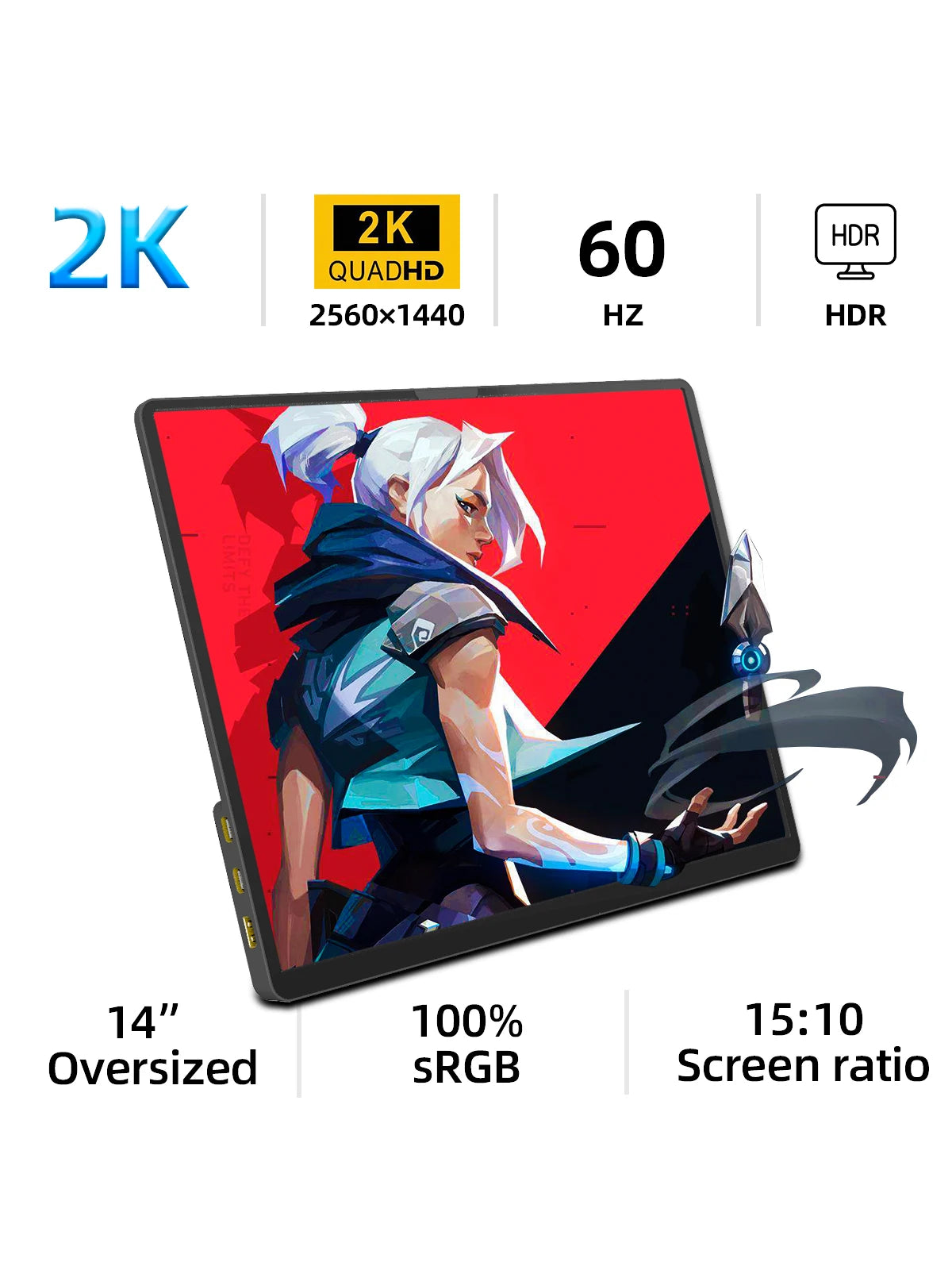 ZSUS 2160*1440 14-inch 2K Portable Monitor 60HZ For Laptop XBox PS4 / 5 Switch TV Box Cell Phone PC Extension Mobile