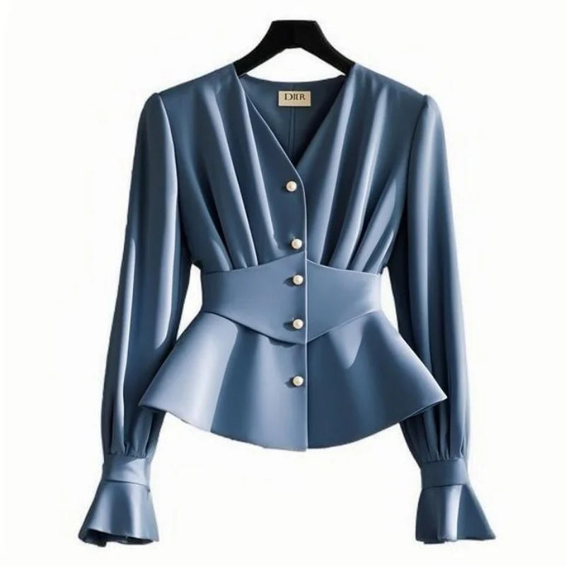 NEW Arrivals S-XL UK Size Luxury French High End Blue Blouse Autumn Design Slim Waist Pleat Patchwork Shirts Women V-Neck Pearl Button Tops Luxury 049A