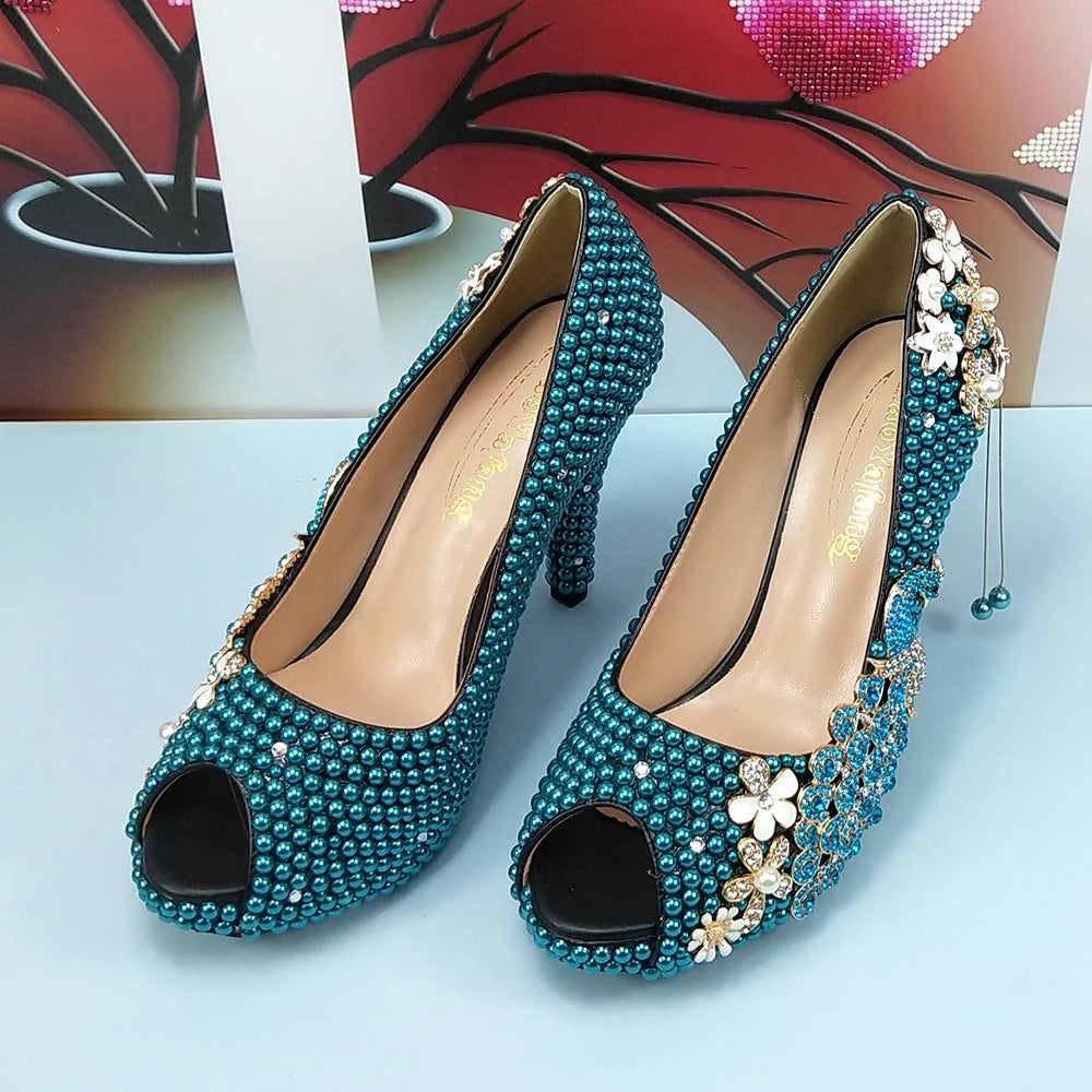 Low-Price Sales are Limited NEW Teal Luxury Blue Pearl Wedding Shoes Set with Matching Bags Bride High Heels Platform Shoes Open Toe Green Blue Evening Party Night Business Dinner Shoes Ladies Luxury Fashion Clothing Supplies