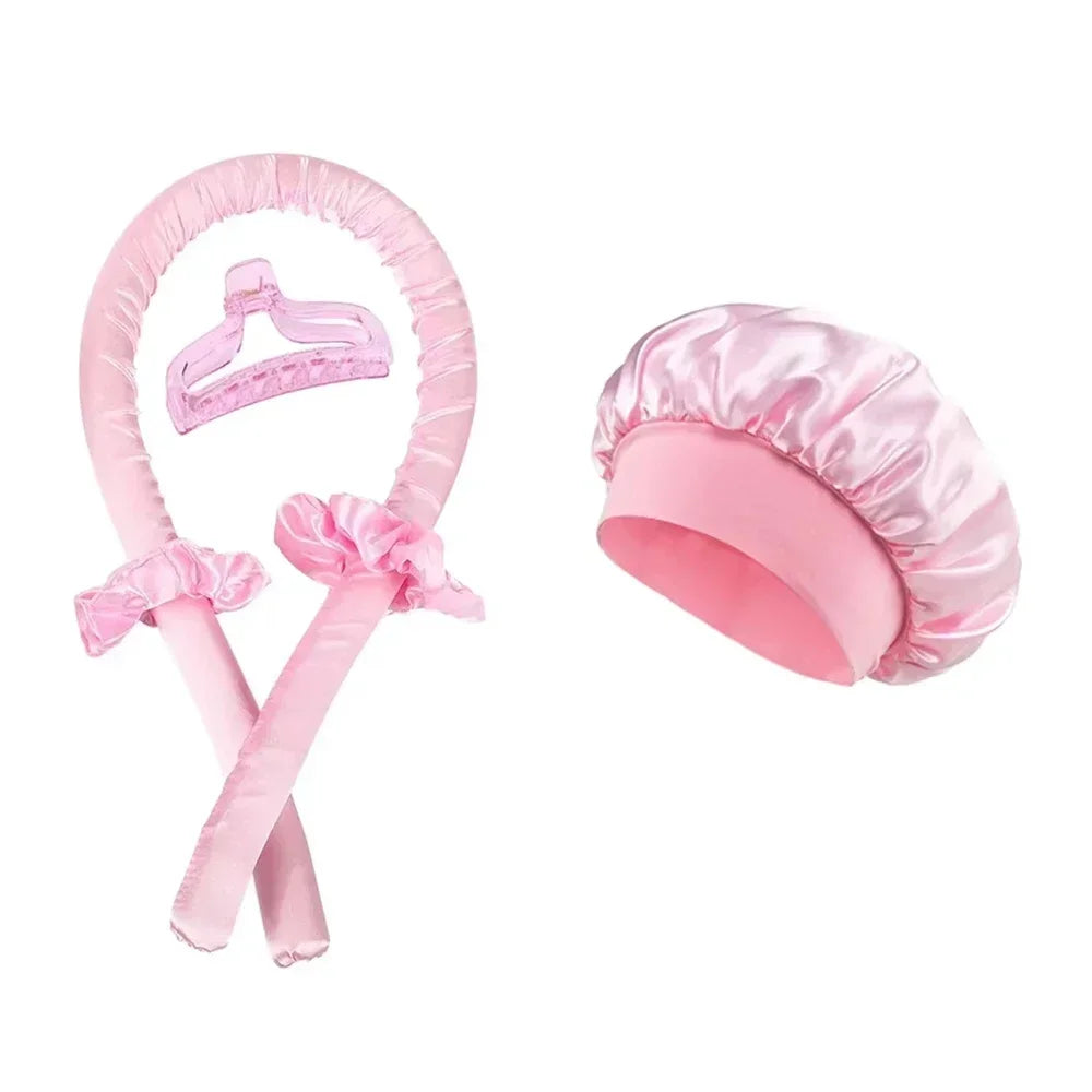 NEW Arrivals 2PCS Set Wine Red/Pink/Black Heatless Curling Rod Set Satin Nightcap for Women No Heat Hair Rollers Sleeping Soft Headband Styling Tool Lazy Curls Ladies Hair Care Accessories