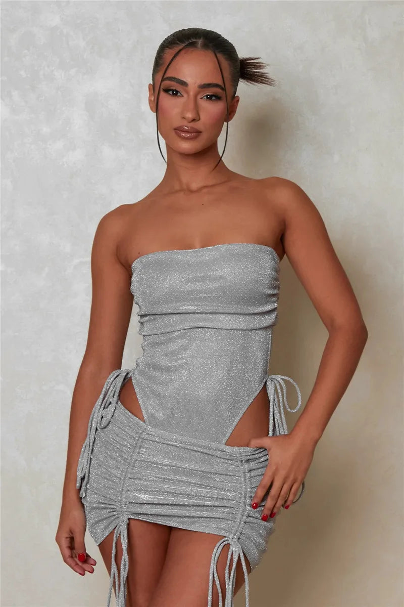 NEW Arrivals 2PCS Set Glitter Sexy Dress Set Black/Silver Color Women Strapless Bodysuit And Mini Skirt Matching Sets Ladies Party Drawstring Evening Party Sexy Night Club Outfit Suit